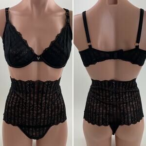 Victoria's Secret Underwire Unlined Demi Bra 34D Thong Panty M Black Set NWT